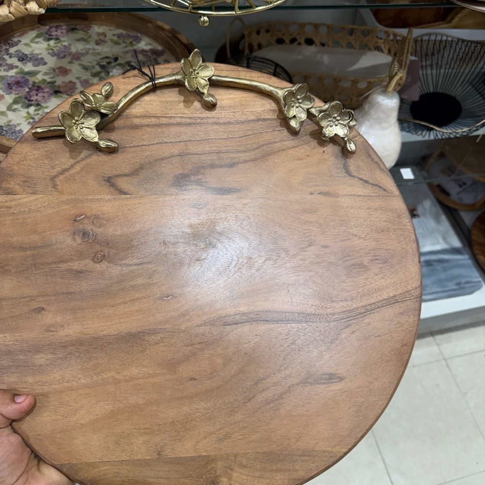 Round Wooden Serving Board with Decorative Brass Floral Handle